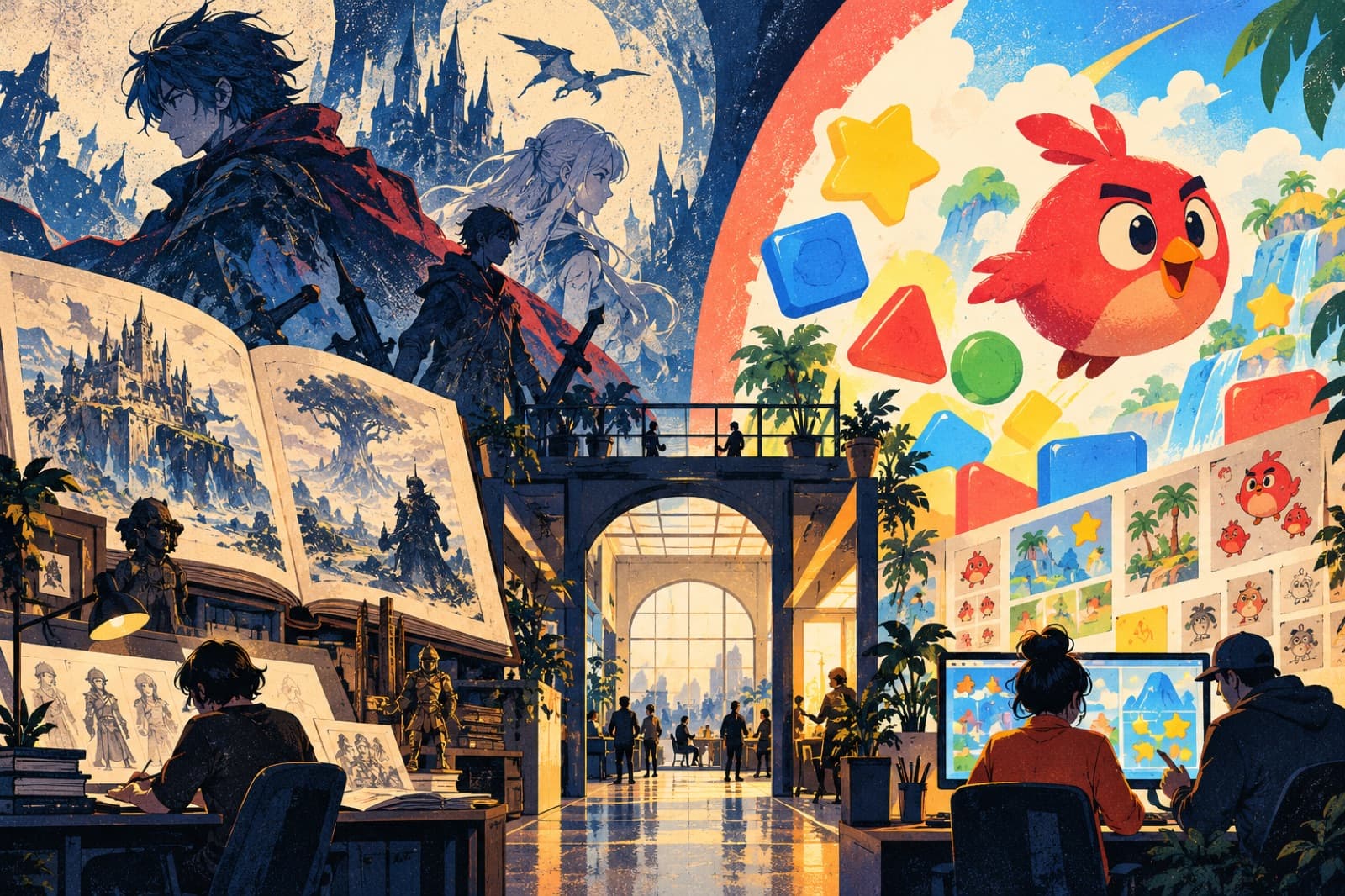 Fantasy role-playing books and character silhouettes sit beside bright shapes from a mobile puzzle game.