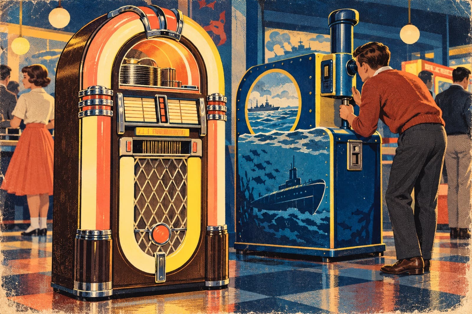 A vintage jukebox beside a periscope-style arcade cabinet, evoking coin-operated entertainment in public spaces.