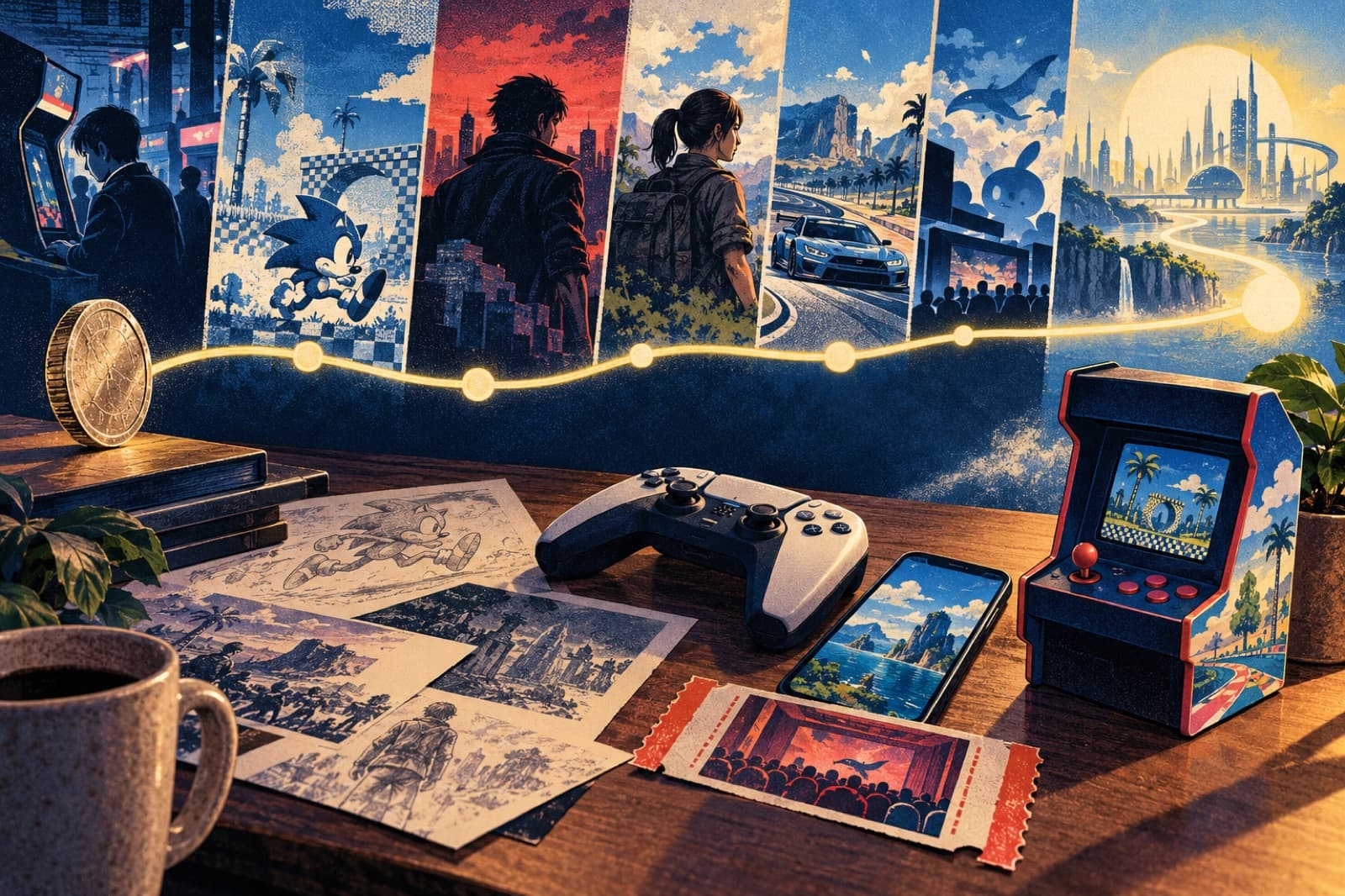 A controller, phone, cinema ticket, and miniature arcade cabinet represent Sega’s work across media.
