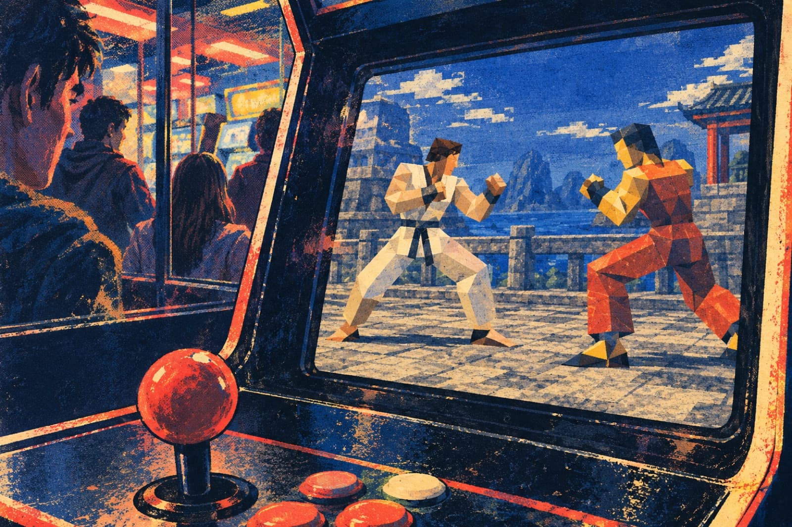 Two low-polygon fighters face off on an arcade screen, with a joystick and buttons in the foreground.