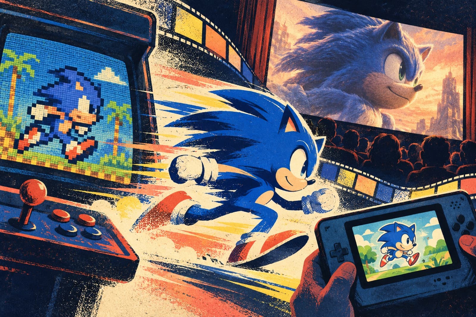 An original blue speed mascot races past an arcade display, a cinema screen, and a handheld game.