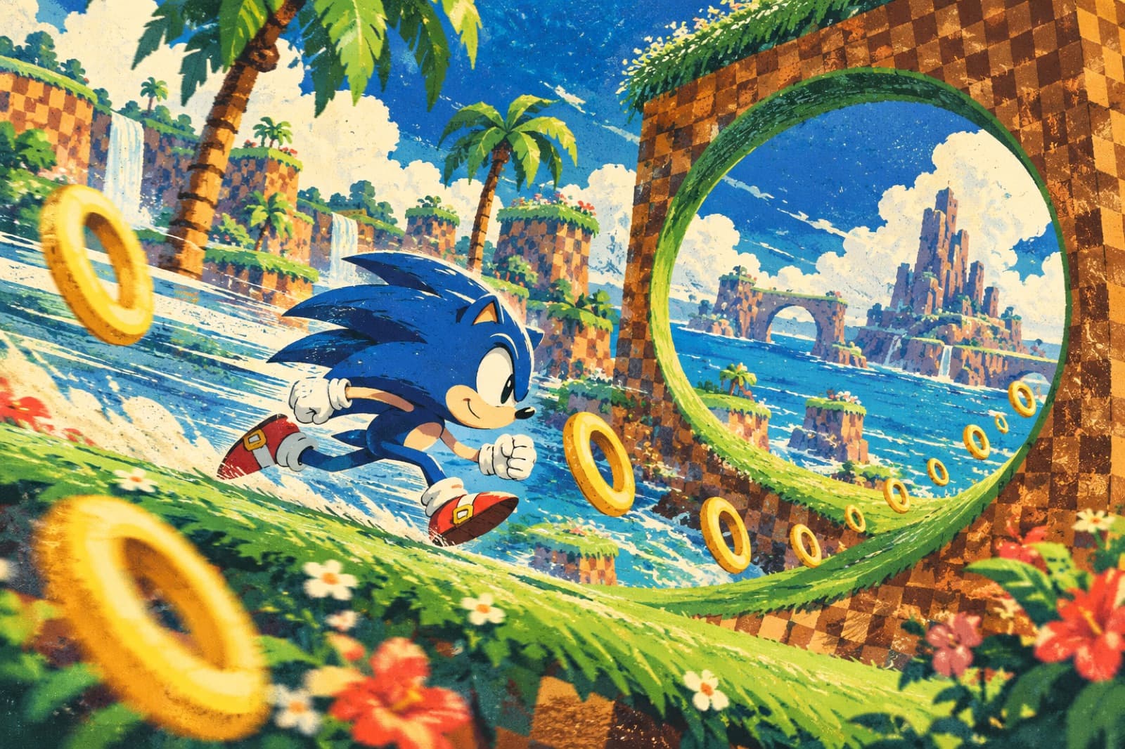 An original blue hedgehog-like figure races through a bright side-scrolling landscape with loops and golden rings.