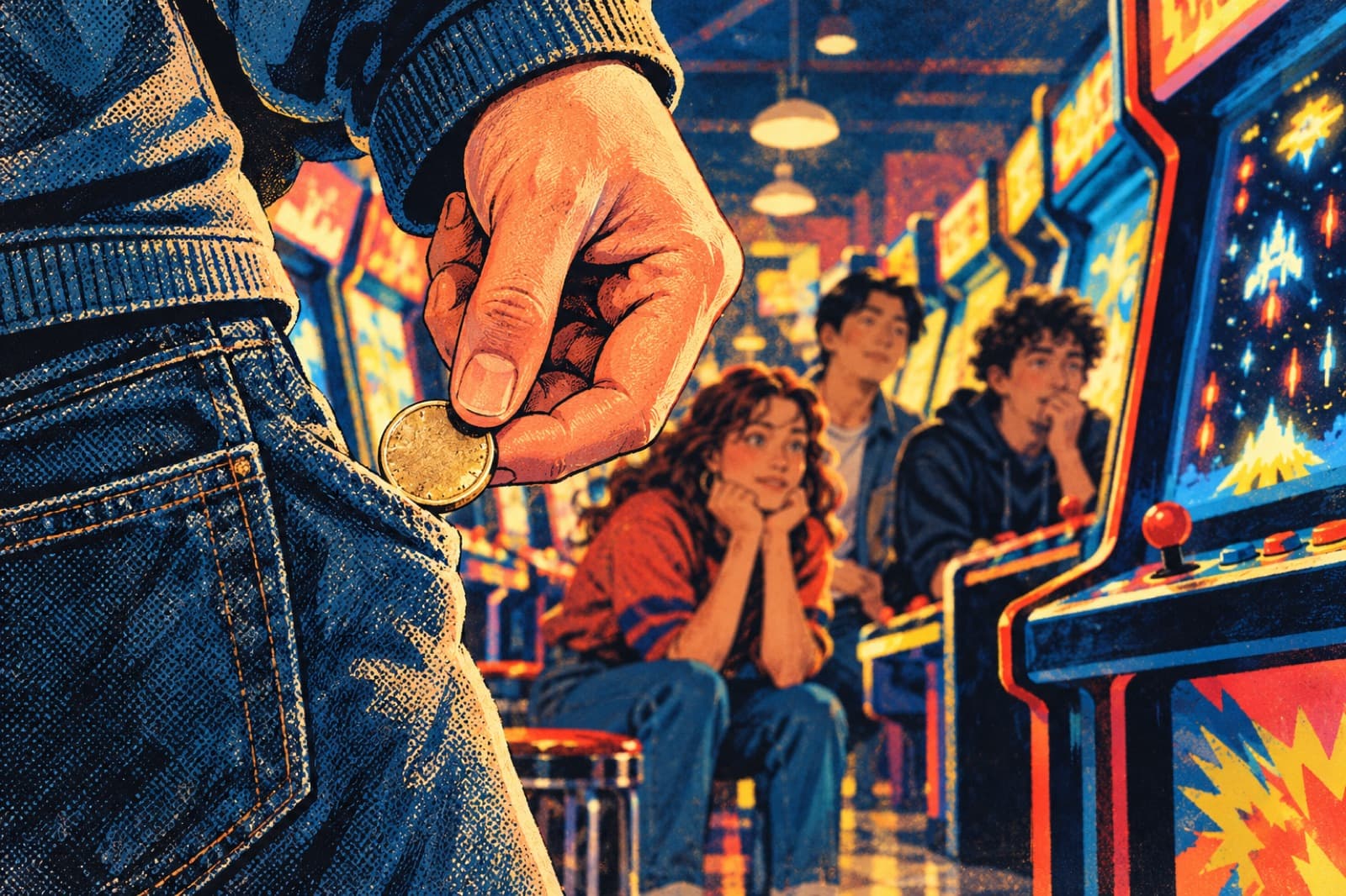 A hand holds the last arcade coin while friends wait beside glowing cabinets.
