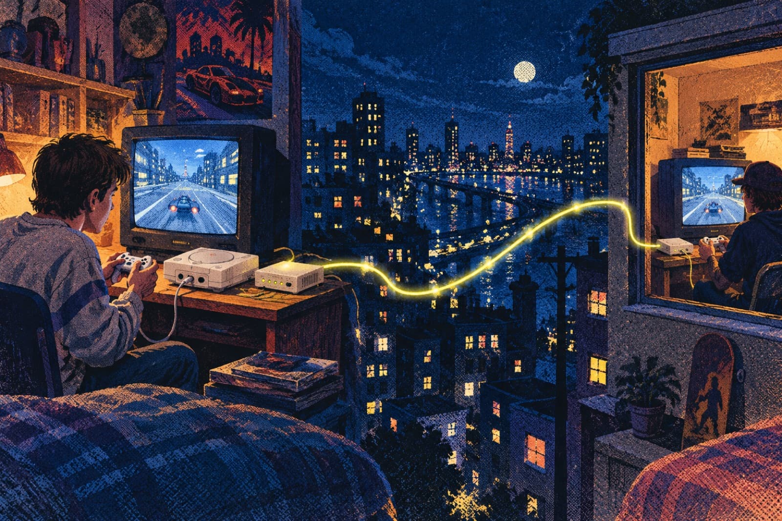 A white home console and modem connect to a television while two players in separate rooms are linked by light.
