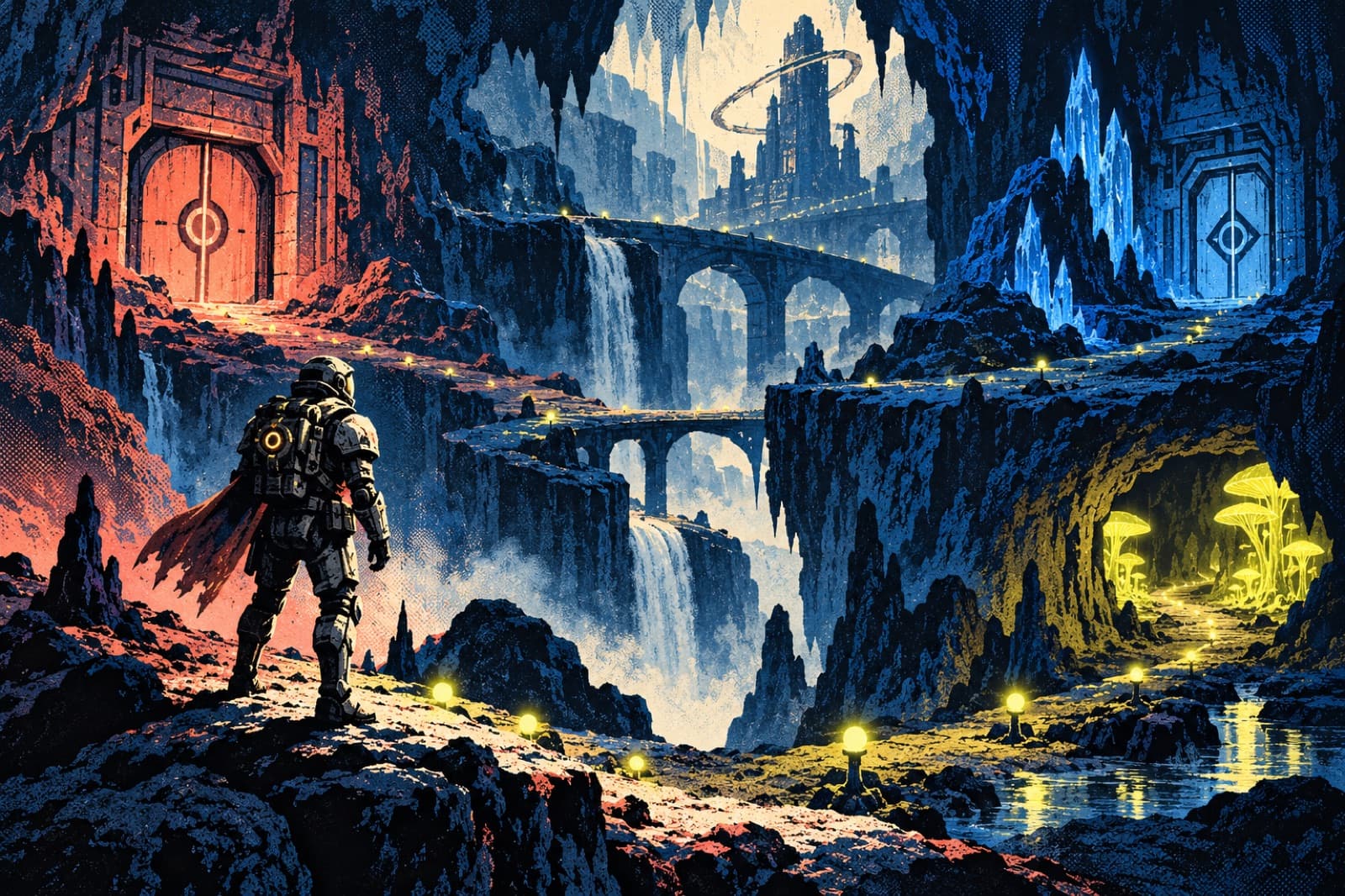 An armored explorer stands at a subterranean junction marked by distinct doors and faint lights.