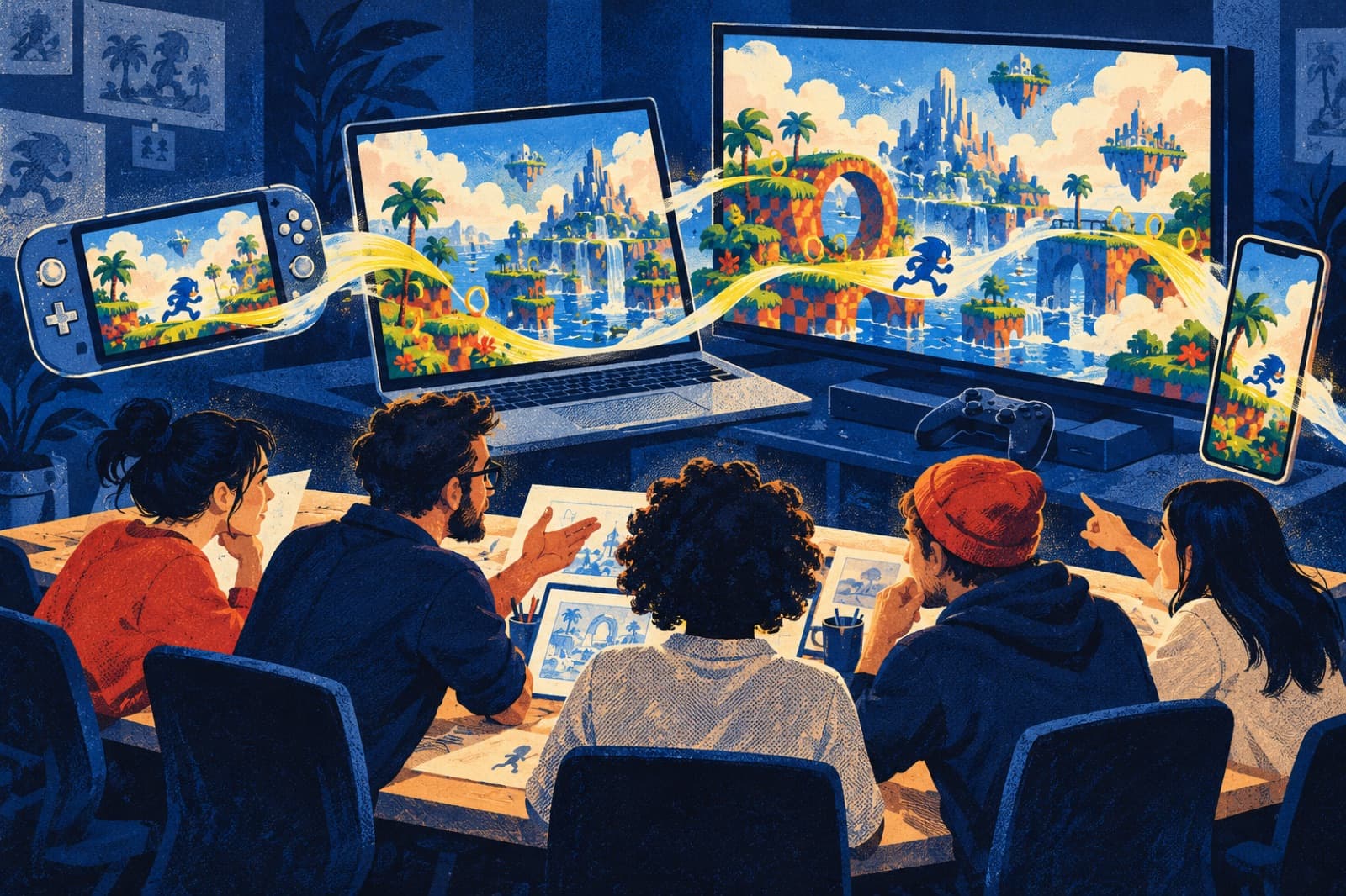 Game worlds extend from a development team’s desk to television, computer, handheld, and phone screens.
