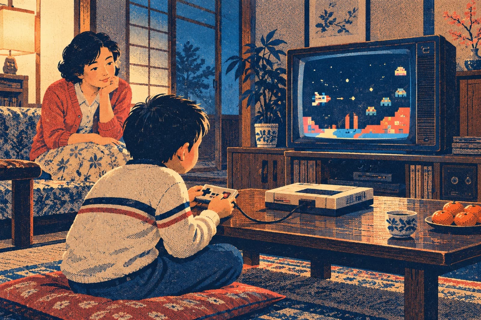 An early home console connects to a living-room television as family members watch a pixel game.