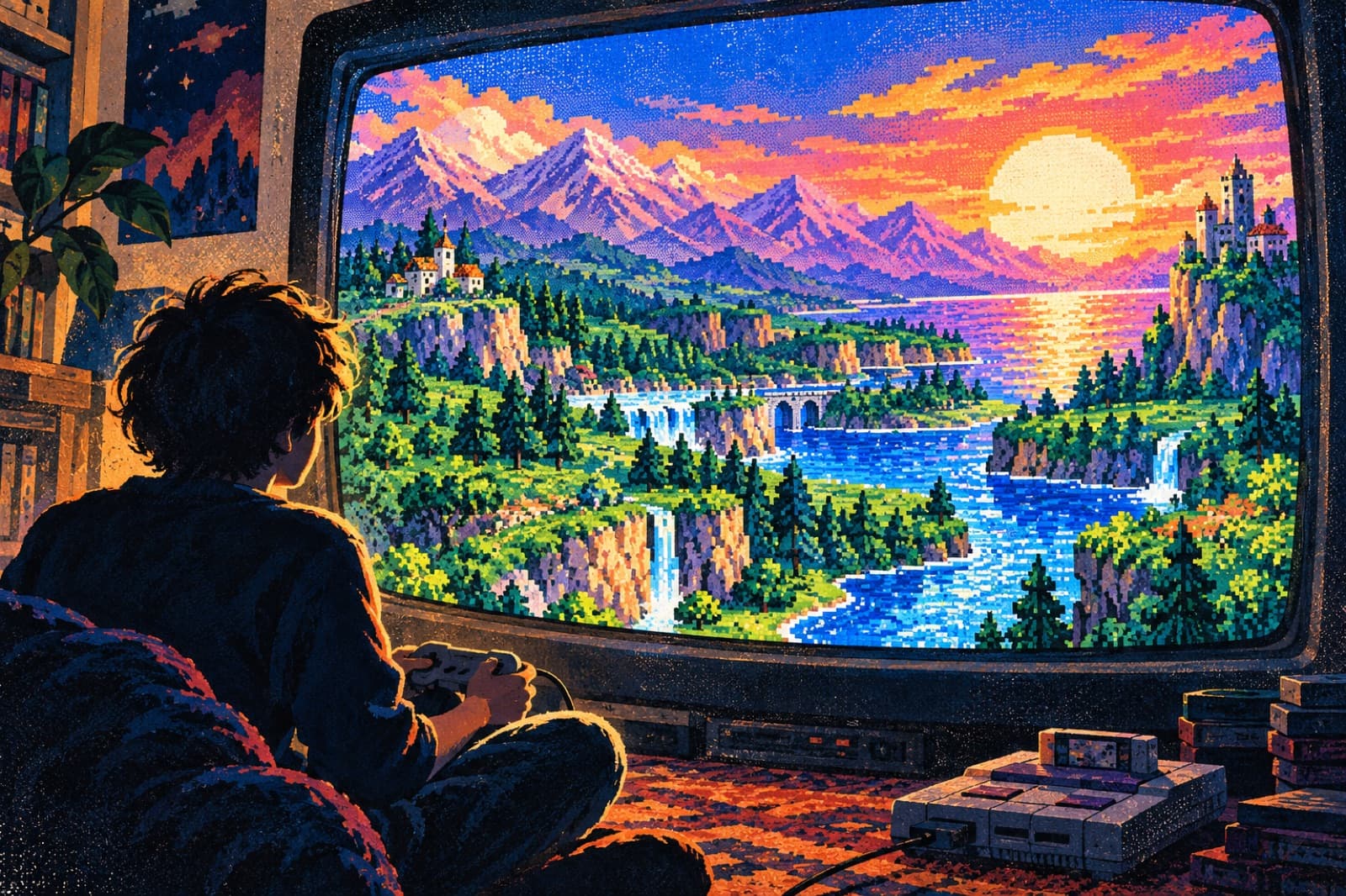 A curved CRT displays a vivid pixel landscape of mountains, forests, and a river.
